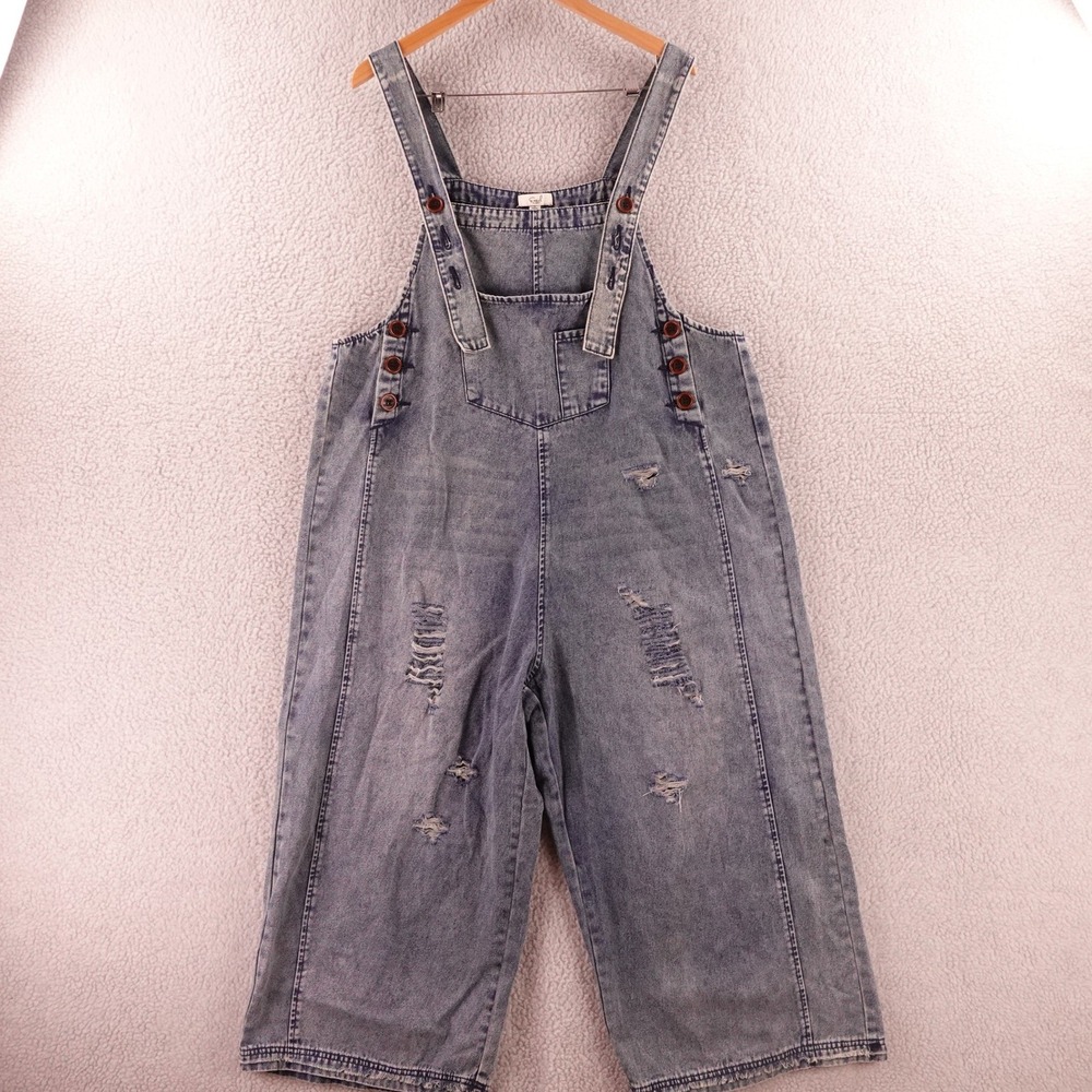 Easel Los Angeles Distressed Denim Overalls Acid Wash Wide Leg EB40341 Blue L